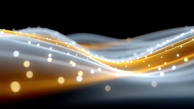 Abstract digital art featuring flowing waves of light in orange and white, with scattered bokeh particles against a dark background. - Powered by Adobe
