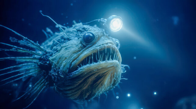 Bioluminescent anglerfish with glowing lure in deep sea, close-up of predatory deep sea creature