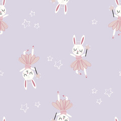 Cute cartoon bunny rabbit ballerina seamless pattern vector illustration © Md
