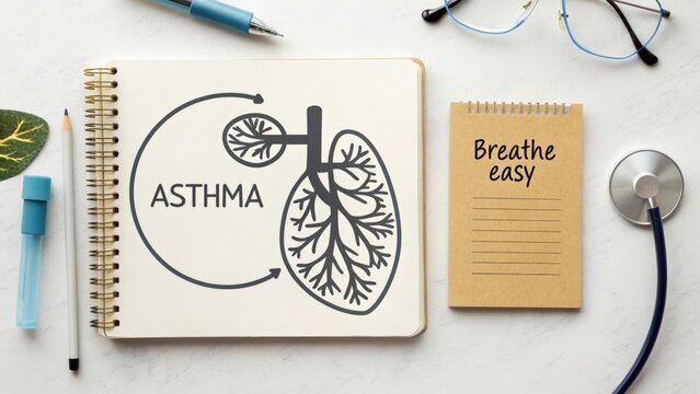 Diagram of Asthma with a Notebook and Medical Supplies