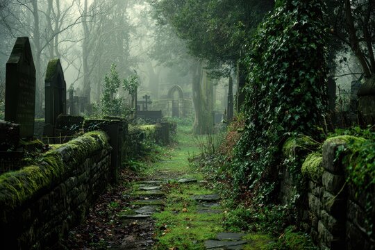 Quiet Graveyard Veiled in Mist: Weathered Stones and Moss in Dawn Light