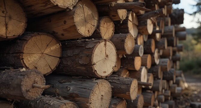 stacked logs showing wood grain rings for lumber or firewood backgrounds. - Powered by Adobe