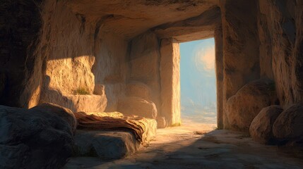 Radiant tomb interior: folded linens, rising light, symbol of renewal