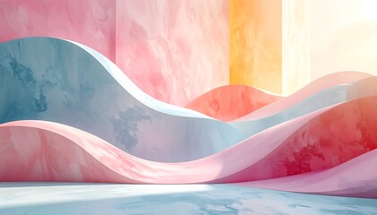 Abstract pastel waves fill a corner space with pink, blue, and orange hues, suggesting an interior scene
