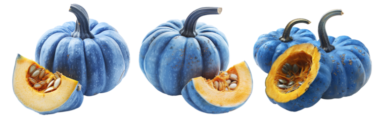 Connecticut pumpkin with green stem and cut slice isolated on white transparent background, great for autumn themes and decorations