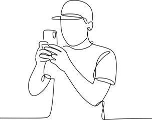 Continuous line art illustration of person holding phone snapping travel photo with natural contour