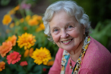 Generative AI image of happy elderly man with gray hair and glasses smiling in colorful blooming garden, enjoying hobby gardening