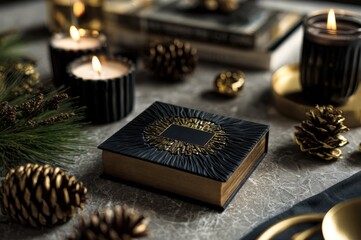 Elegant black and gold book or gift box surrounded by burning candles and pine cones