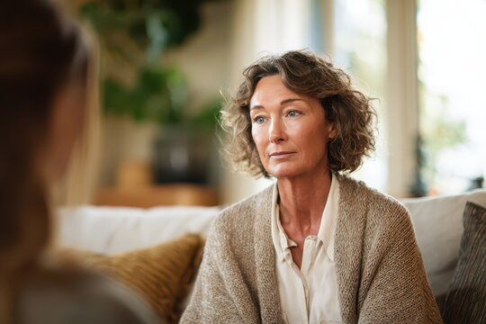Relaxed living room portrait of a thoughtful mature woman engaged in conversation
