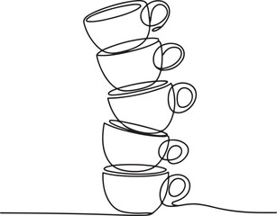 Continuous line art illustration of vertical stack of ceramic coffee cups using natural handmade contour