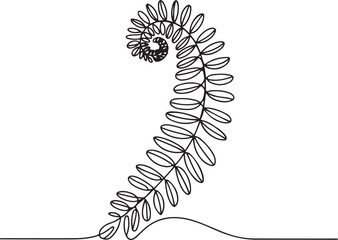 Continuous line art illustration of spiral fern frond unfurling with natural contour