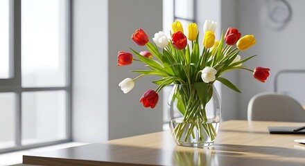 A vibrant bouquet of red, yellow, and white tulips in a clear glass vase on a wooden table.