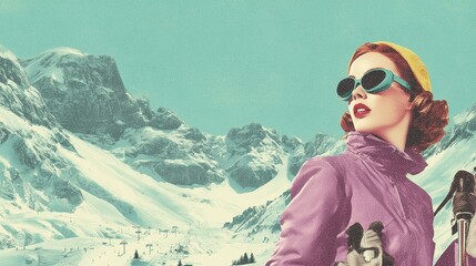 Naklejka premium Vintage postcard style woman on the ski slope, nostalgic fashion, retro ski equipment and snowy mountain backdrop conveying nostalgia and travel romance.