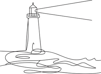 Continuous line art illustration of lighthouse with beam near shore waves using natural hand-sketched contour