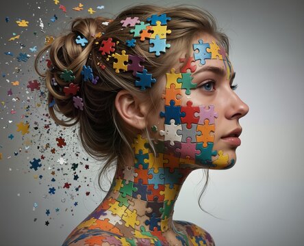 woman's face and neck covered in colorful puzzle pieces with pieces falling around her, representing connection and self-discovery.