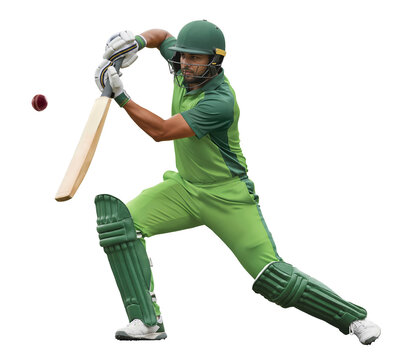 Cricket player in green uniform hitting a red cricket ball on isolated background