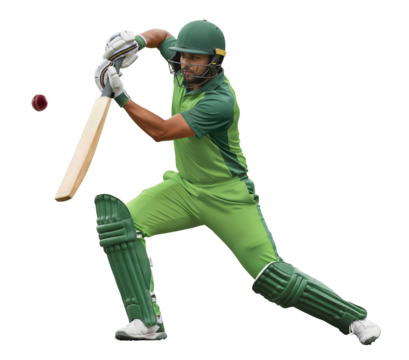 Cricket player in green uniform hitting a red cricket ball on isolated background