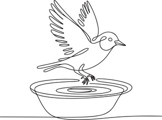 Continuous line art illustration of bird fluttering in shallow bath with natural sketch contour