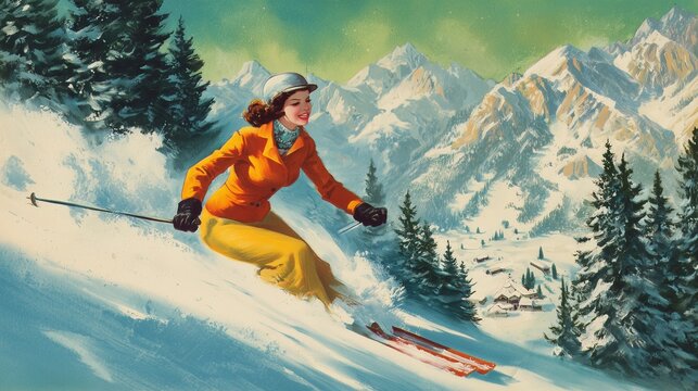 Vintage ski postcard showing a happy woman carving downhill on powder snow with mountain village and pine forest in background, evoking retro travel and winter joy.