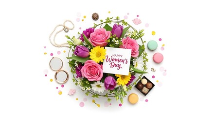 A beautiful floral arrangement with a "Happy Women's Day" card, surrounded by macarons, chocolates, and jewelry.