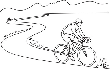 Continuous line art illustration of cyclist riding along winding path with natural sketch contour