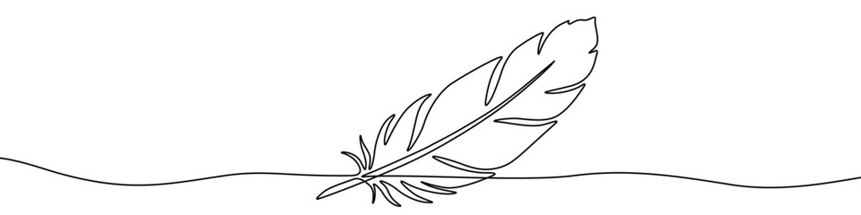Feather in one line art style. Drawing of a bird feather, with black editable stroke on a white background. Vector illustration