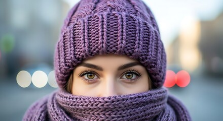 Close-up of a woman bundled up in winter clothing with focus on her eyes.