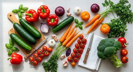 A vibrant overhead shot of a variety of fresh, colorful, and healthy vegetables arranged artfully on a white surface.