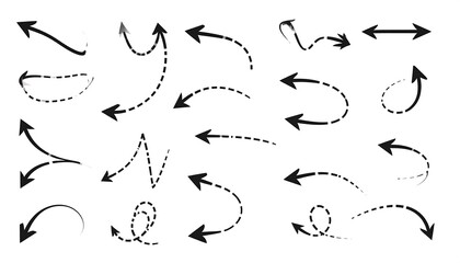 Assorted black arrows in varied shapes, some dashed, oriented to left, right, up in many curves on white ground
