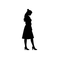 A black silhouette of a woman standing in profile, wearing a dress and high heels with her head bowed.