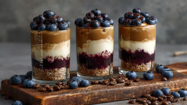 Three Layered Blueberry Parfait Desserts with Coffee Beans on Wooden Board and Gray Background