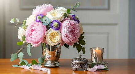 A beautiful floral arrangement of pink and white peonies and roses in a silver vase, with a candle and decorative box.