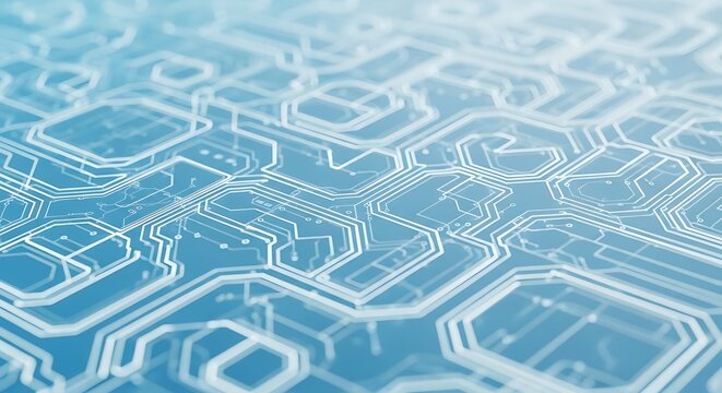Abstract digital circuit board pattern with glowing blue lines on a dark background, representing technology and data flow. - Powered by Adobe