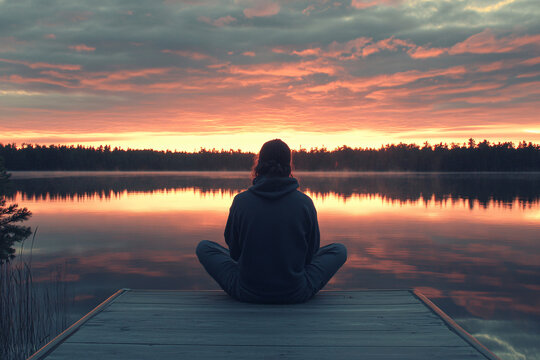 Back view of young woman relaxing at lake with beautiful calm sunset or sunrise light - Powered by Adobe