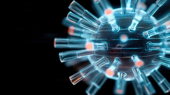 A close-up, abstract 3D render of a virus particle, resembling a coronavirus, with translucent blue spikes and glowing orange cores against a black background. - Powered by Adobe