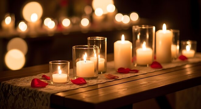 A romantic table setting with lit candles and scattered rose petals on a wooden surface. - Powered by Adobe