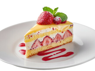 Strawberry cake slice, sauce swirls, mint garnish, on white plate