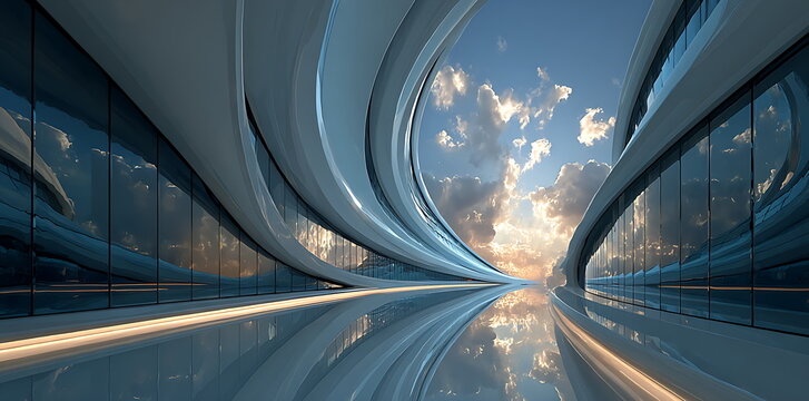 3d render of abstract futuristic glass and steel building with curved lines on blue sky background, low angle view, close up