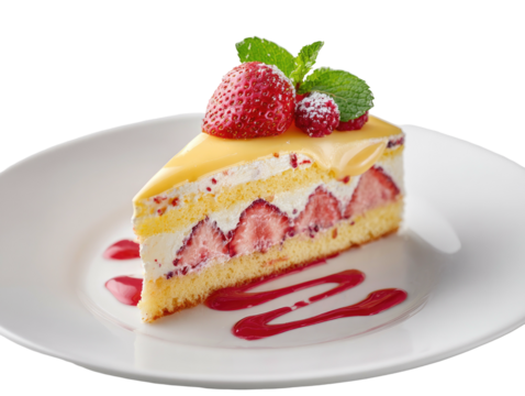 Strawberry cake slice, sauce swirls, mint garnish, on white plate