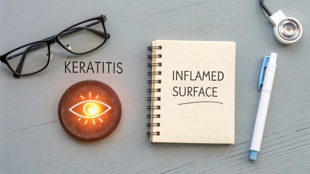 Flat lay of an inflamed cornea concept with text and diagram - Powered by Adobe