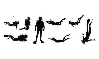 Scuba divers and snorkelers silhouettes for water sports design
