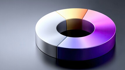 A 3D rendered pie chart with metallic segments in silver, gold, and purple, set against a smooth gray surface. The lighting creates a sleek, modern feel, suitab