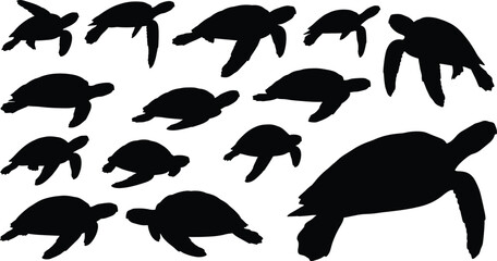 Sea turtle silhouettes, marine animal icons, swimming turtle vector, ocean wildlife clipart, black graphic elements, aquatic nature design, underwater illustration