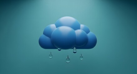 Blue cartoon cloud with falling water droplets on teal background blue cloud rain