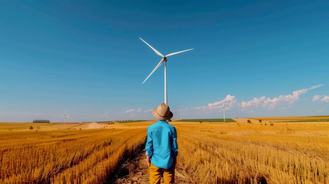 A symbolic shot of a single, locally-owned wind turbine on a farmer's land