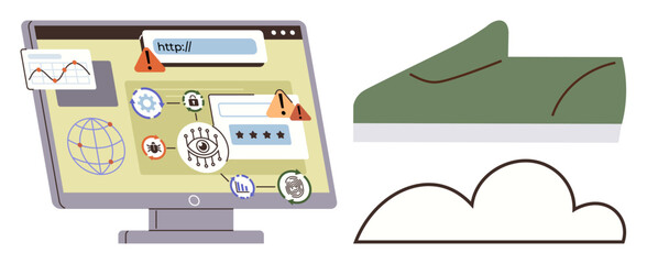 Computer screen with security alerts, global connectivity, login forms, cloud storage, and green shoe. Ideal for cybersecurity, technology, online shopping, safety cloud computing digital warnings