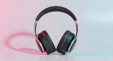 Close up of modern black wireless headphones with earcups and headband