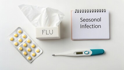 Flat lay of flu treatment tools on a white background