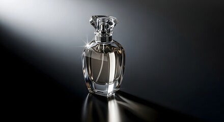 Elegant perfume bottle on dark surface illuminated by light beam