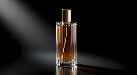 Perfume bottle on dark background illuminated by light beam